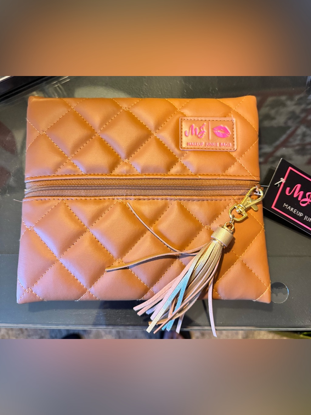 Makeup Junkie Small Quilted Tan Makeup Pouch With Tassel